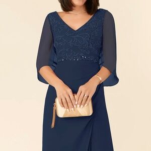 Azazie Laina Dark Navy Mermaid Chiffon Formal Maxi Mother of Bride Dress NWT